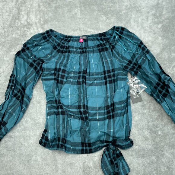 Vince Camuto Womens Plaid Smocked Top With Side Tie M Blue & Black NWT 3606 - Picture 1 of 9